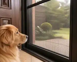 Dog looking through a security screen door