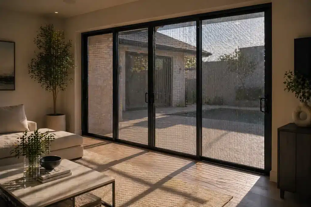 Sliding security screen doors in modern living room with patio view