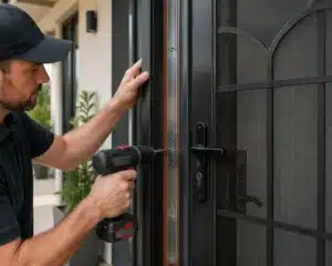 Professional installing security screen door with drill