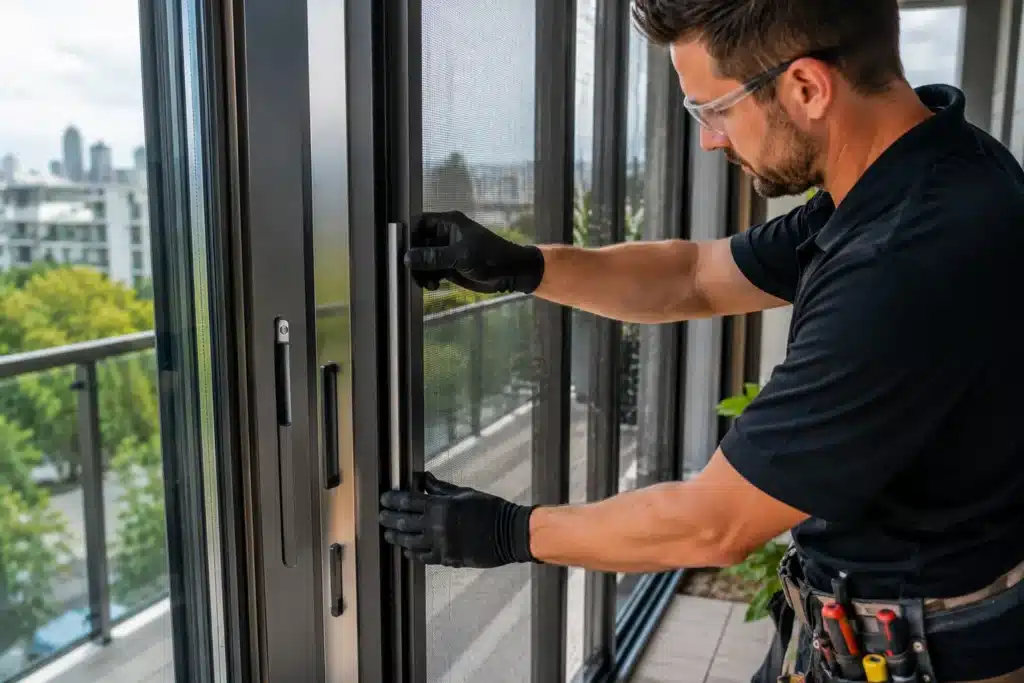 Technician installing balcony security screen door