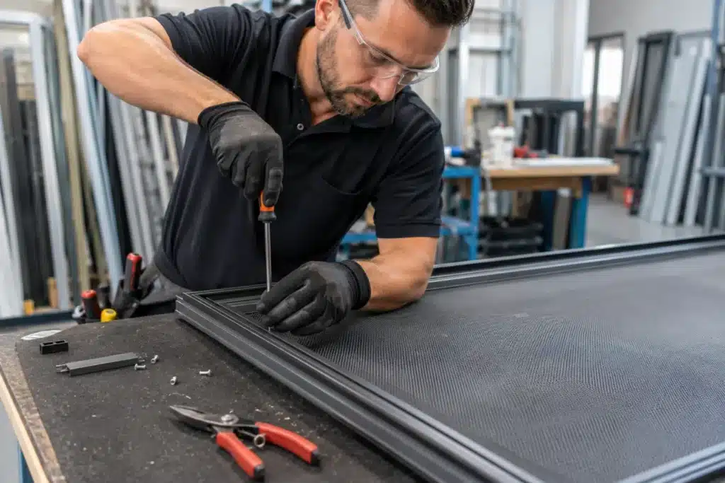 Technician assembling custom security screen frame