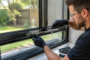Technician installing a black security screen door using tools, wearing gloves and protective glasses, residential backyard visible.
