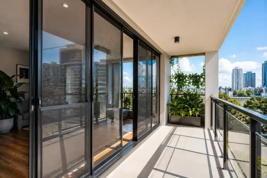 Modern balcony with security screen doors