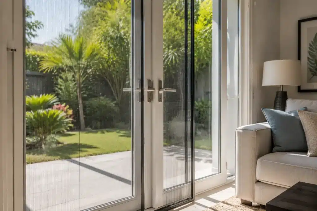 Close-up of modern sliding security screen doors installed on a patio, showing the fine mesh and clear view outside.