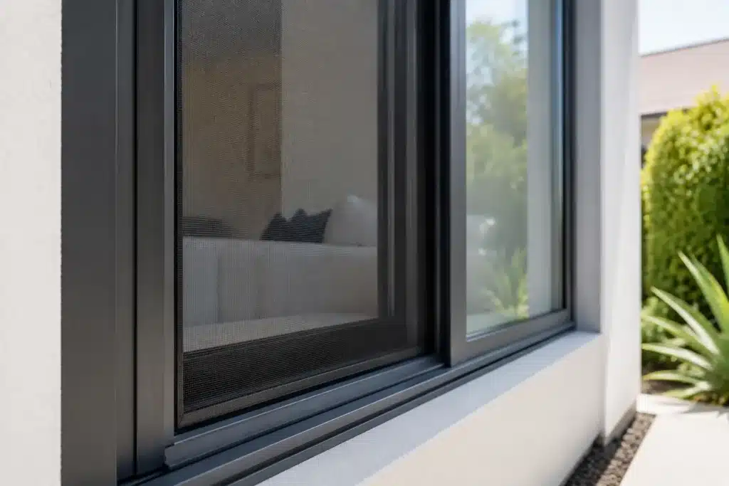 Modern residential security screen door on a bright sunny day, showing clear mesh and sturdy frame.