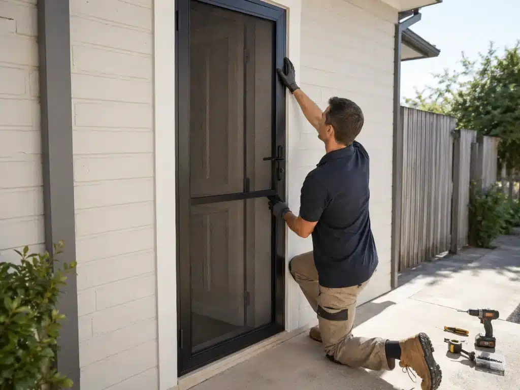Technician installing side security screen door