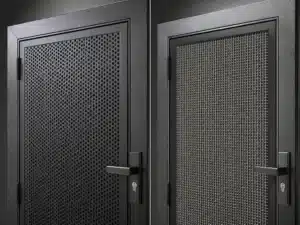 Perforated metal and woven mesh security doors
