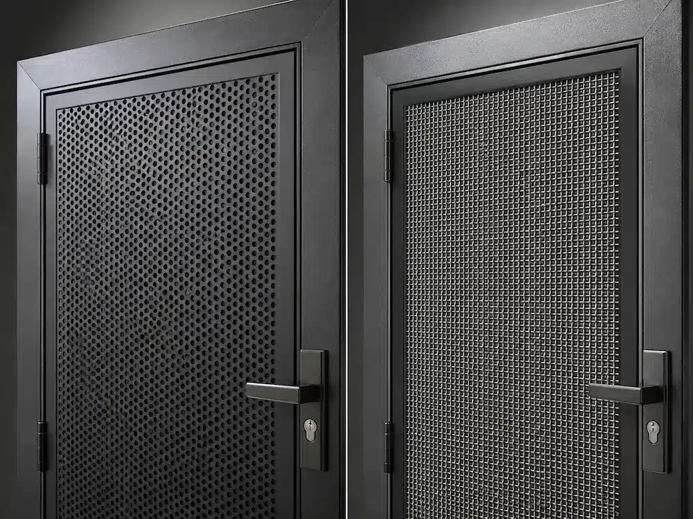 Perforated metal and woven mesh security doors
