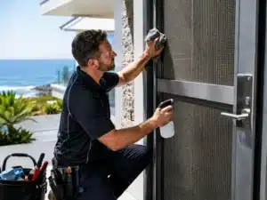 Technician cleaning stainless steel mesh security door