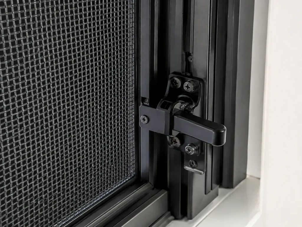 Safe-S-Cape security screen door with quick release handle