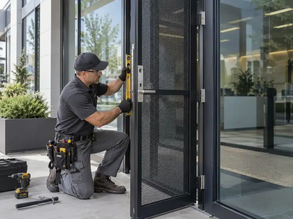 Commercial security screen door installation