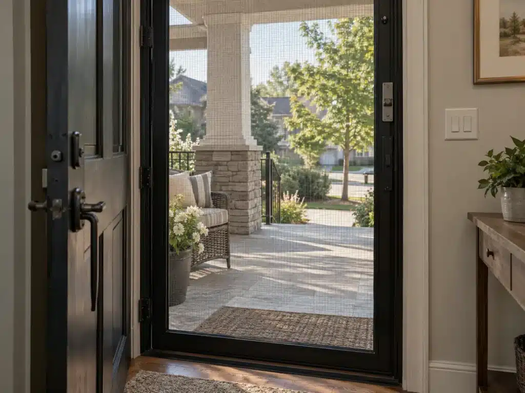 Black security screen door with mesh
